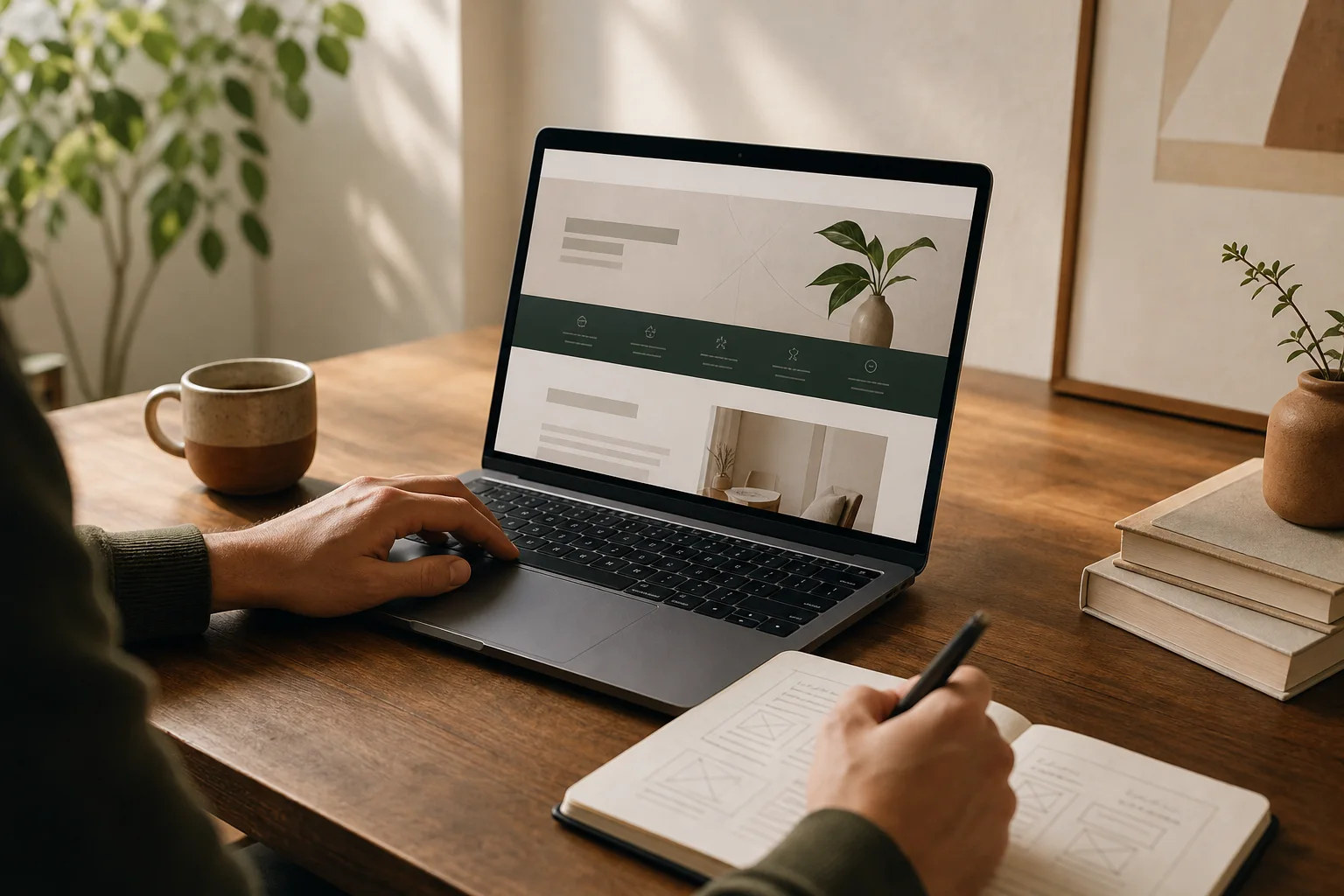 Designer working on a custom business website at a wooden desk